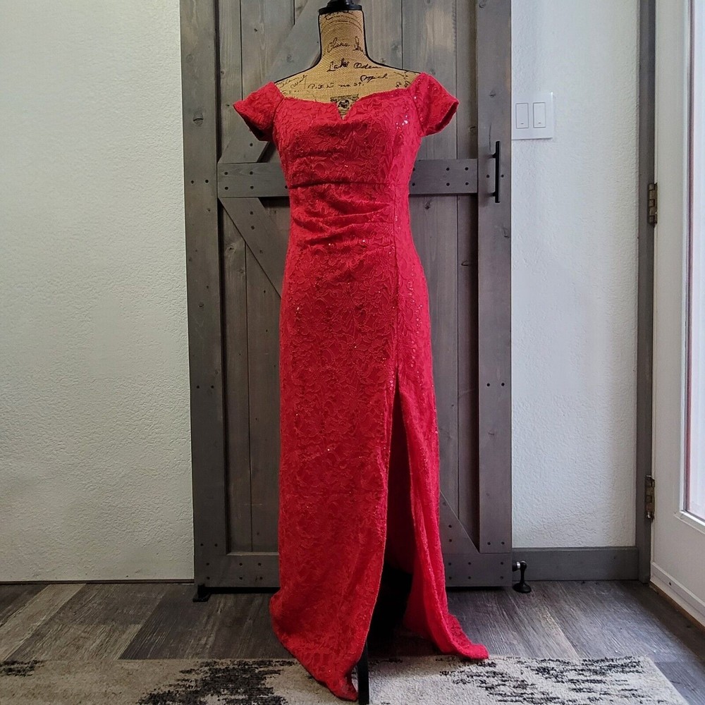 Prom Dress Size Medium Red Sequins Lace Sweetheart V Neckline Long Slit Mermaid